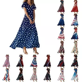 Женские повседневные модные длинные платья с принтом, платья с V-образным вырезом и коротким рукавом XXL красный