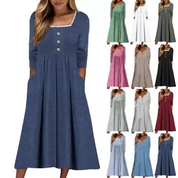 Женские повседневные модные длинные платья в полоску с принтом в винтажном стиле на осень и зиму с карманом L синий