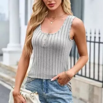 Женские повседневные модные летние жилеты без рукавов, трикотажный жилет с U-образным вырезом, полоской-канавкой и приталенными пуговицами S светло-серый