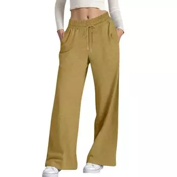 Женские повседневные модные однотонные брюки прямого кроя с эластичной талией на кулиске и карманами L хаки