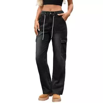 Женские повседневные модные однотонные джинсы прямого кроя с широкими штанинами, эластичной талией и карманами L чёрный