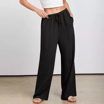 Женские повседневные модные однотонные хлопковые льняные повседневные брюки, широкие брюки, спортивные штаны с карманами L чёрный