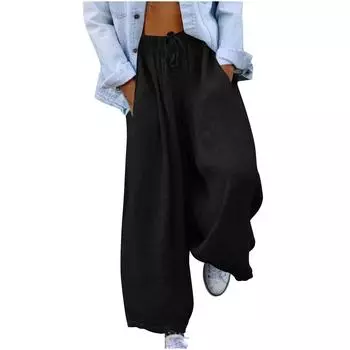 Женские повседневные модные однотонные хлопковые льняные повседневные брюки, широкие брюки, спортивные штаны с карманами L чёрный