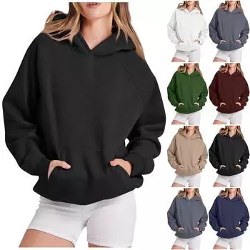 Женские повседневные модные однотонные пуловеры с длинными рукавами, толстовки с капюшоном L чёрный