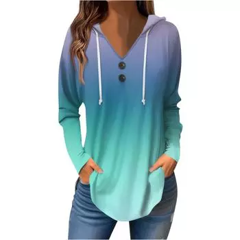 Женские повседневные модные однотонные толстовки с капюшоном на пуговицах и длинными рукавами с V-образным вырезом XL циан