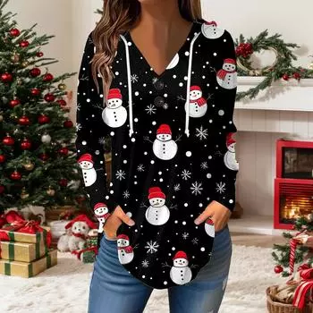 Женские повседневные модные однотонные толстовки с капюшоном на пуговицах и длинными рукавами с V-образным вырезом L чёрный