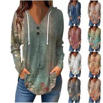 Женские повседневные модные однотонные толстовки с капюшоном на пуговицах и длинными рукавами с V-образным вырезом L