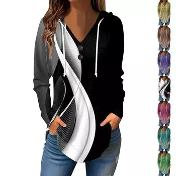Женские повседневные модные однотонные толстовки с капюшоном на пуговицах и длинными рукавами с V-образным вырезом XXL
