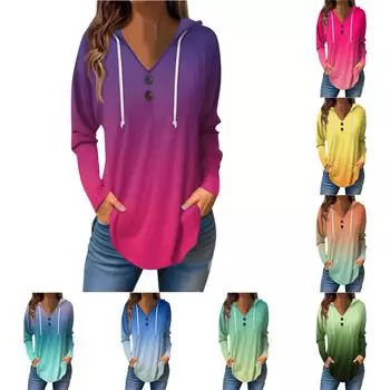 Женские повседневные модные однотонные толстовки с капюшоном на пуговицах и длинными рукавами с V-образным вырезом XL циан