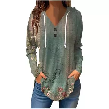 Женские повседневные модные однотонные толстовки с капюшоном на пуговицах и длинными рукавами с V-образным вырезом M