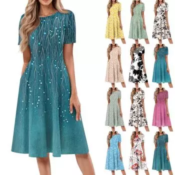 Женские повседневные модные платья миди с круглым вырезом и коротким рукавом с цветочным принтом L чёрный