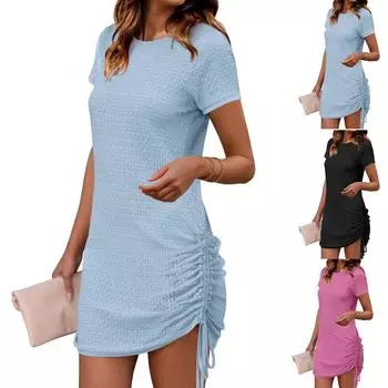 Женские повседневные модные платья однотонные платья с коротким рукавом M синий