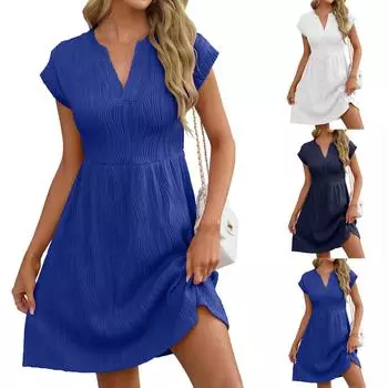 Женские повседневные модные платья однотонные платья с коротким рукавом M синий