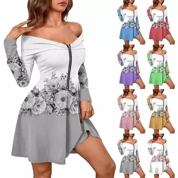 Женские повседневные модные платья с длинным рукавом и цветочным принтом на молнии, сексуальные платья с открытыми плечами L синий