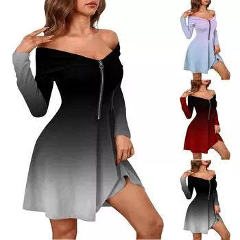 Женские повседневные модные платья с длинным рукавом и принтом на молнии с открытыми плечами L