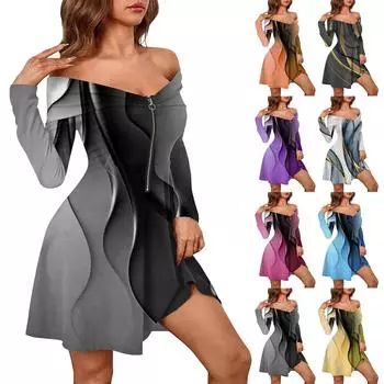 Женские повседневные модные платья с длинным рукавом и принтом на молнии, сексуальные платья с открытыми плечами L