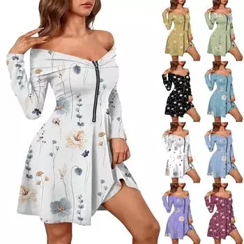 Женские повседневные модные платья с длинным рукавом и цветочным принтом на молнии, сексуальные платья с открытыми плечами L жёлтый