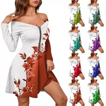 Женские повседневные модные платья с длинным рукавом и цветочным принтом на молнии, сексуальные платья с открытыми плечами L