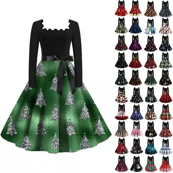 Женские повседневные модные платья с длинными рукавами и рождественским принтом с квадратным вырезом в винтажном стиле M зелёный