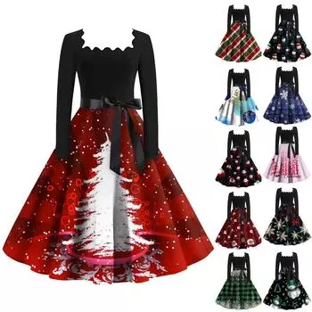 Женские повседневные модные платья с длинными рукавами и рождественским принтом с квадратным вырезом в винтажном стиле M