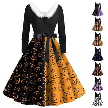 Женские повседневные модные платья с длинными рукавами и v-образным вырезом с принтом на Хэллоуин XXXL оранжевый