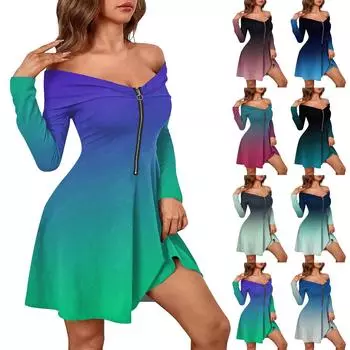 Женские повседневные модные платья с длинными рукавами и градиентным принтом на молнии, сексуальные платья с открытыми плечами L синий
