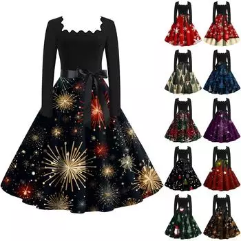 Женские повседневные модные платья с длинными рукавами и рождественским принтом с квадратным вырезом в винтажном стиле M синий