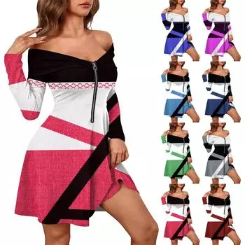 Женские повседневные модные платья с длинными рукавами и геометрическим принтом на молнии, сексуальные платья с открытыми плечами L синий