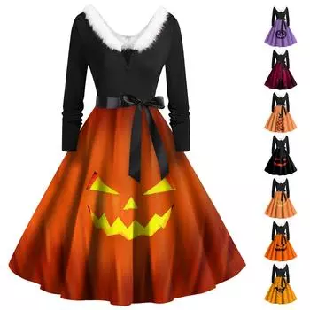 Женские повседневные модные платья с длинными рукавами и v-образным вырезом с принтом на Хэллоуин XL