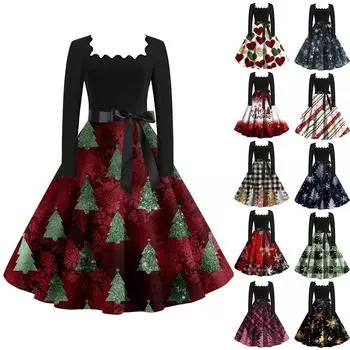 Женские повседневные модные платья с длинными рукавами и рождественским принтом с квадратным вырезом в винтажном стиле S чёрный