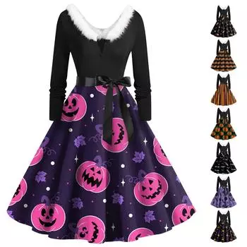 Женские повседневные модные платья с длинными рукавами и v-образным вырезом с принтом на Хэллоуин XXXXL оранжевый