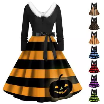 Женские повседневные модные платья с длинными рукавами и v-образным вырезом с принтом на Хэллоуин XXL оранжевый