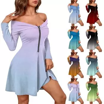 Женские повседневные модные платья с длинными рукавами и градиентным принтом на молнии, сексуальные платья с открытыми плечами L циан