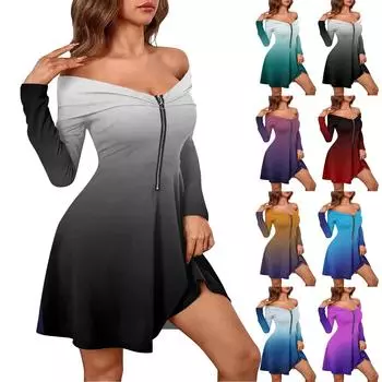 Женские повседневные модные платья с длинными рукавами и градиентным принтом на молнии, сексуальные платья с открытыми плечами L чёрный