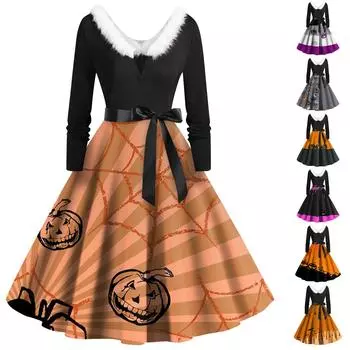 Женские повседневные модные платья с длинными рукавами и v-образным вырезом с принтом на Хэллоуин XXL