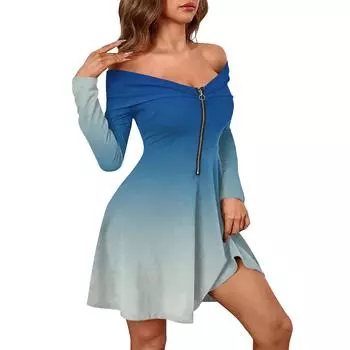 Женские повседневные модные платья с длинными рукавами и градиентным принтом на молнии, сексуальные платья с открытыми плечами S циан