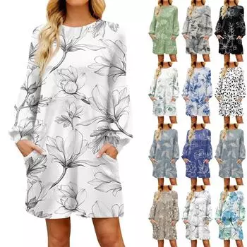 Женские повседневные модные платья с круглым вырезом и длинным рукавом с цветочным принтом M белый