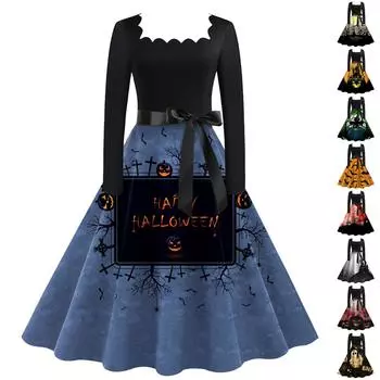 Женские повседневные модные платья с квадратным вырезом и длинным рукавом на Хэллоуин с принтом в винтажном стиле M чёрный