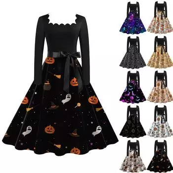 Женские повседневные модные платья с квадратным вырезом и длинным рукавом на Хэллоуин с принтом в винтажном стиле XXL серый