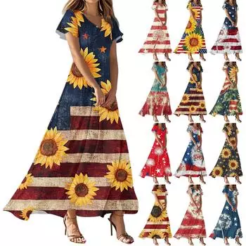 Женские повседневные модные платья с принтом ко Дню независимости, платья с коротким рукавом и V-образным вырезом XL оранжевый