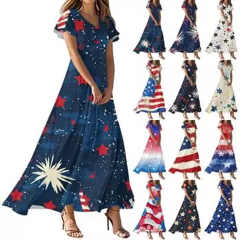 Женские повседневные модные платья с принтом ко Дню независимости, платья с коротким рукавом и V-образным вырезом XXL красный
