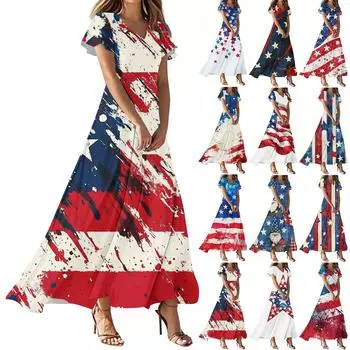 Женские повседневные модные платья с принтом ко Дню независимости, платья с коротким рукавом и V-образным вырезом S