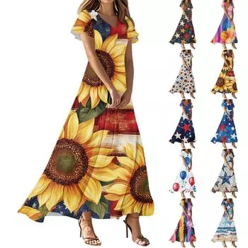 Женские повседневные модные платья с принтом ко Дню независимости, платья с коротким рукавом и V-образным вырезом M фиолетовый