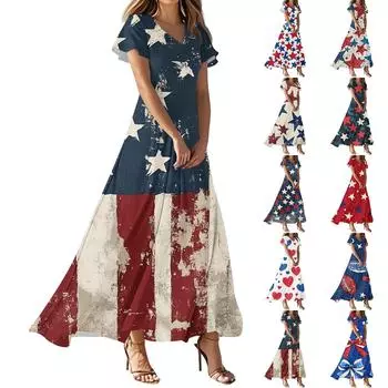 Женские повседневные модные платья с принтом ко Дню независимости, платья с коротким рукавом и V-образным вырезом XS бежевый