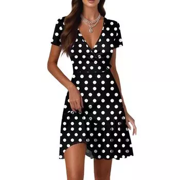 Женские повседневные модные платья с V-образным вырезом, короткими рукавами, в стиле пэчворк, с принтом в горошек L чёрный