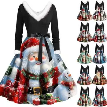 Женские повседневные модные плюшевые платья с V-образным вырезом и рождественским принтом L