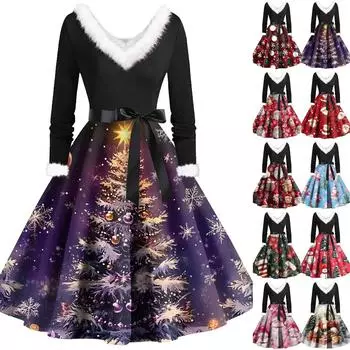 Женские повседневные модные плюшевые платья с V-образным вырезом и рождественским принтом L армия зеленый