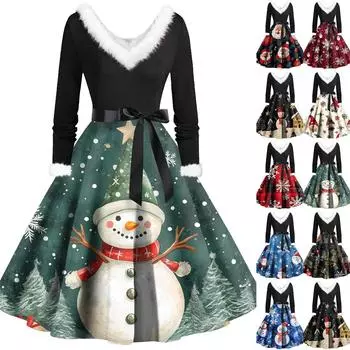 Женские повседневные модные плюшевые платья с V-образным вырезом и рождественским принтом L армия зеленый