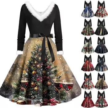 Женские повседневные модные плюшевые платья с V-образным вырезом и рождественским принтом XXXXXL тёмно-синий