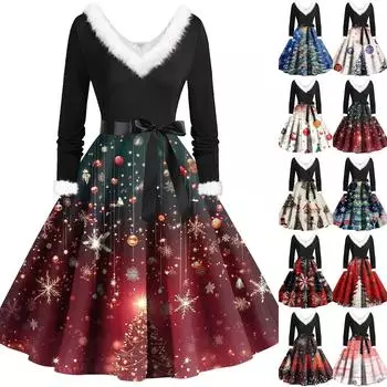 Женские повседневные модные плюшевые платья с V-образным вырезом и рождественским принтом S